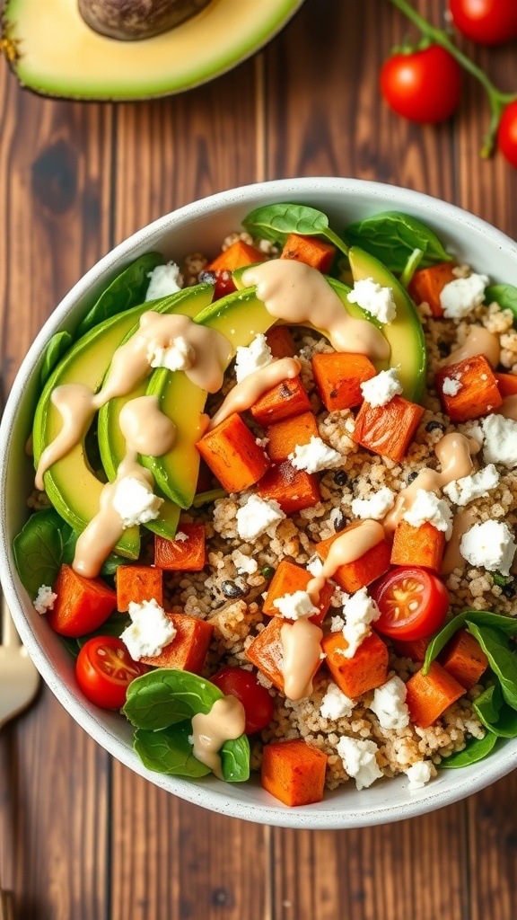 A colorful sweet potato quinoa bowl with roasted sweet potatoes, quinoa, spinach, avocado, and feta cheese on a wooden table.
